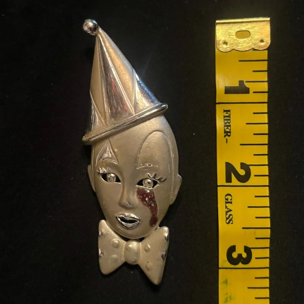 Vintage Silver Tone Clown Face Crying Brooch Purple Glitter